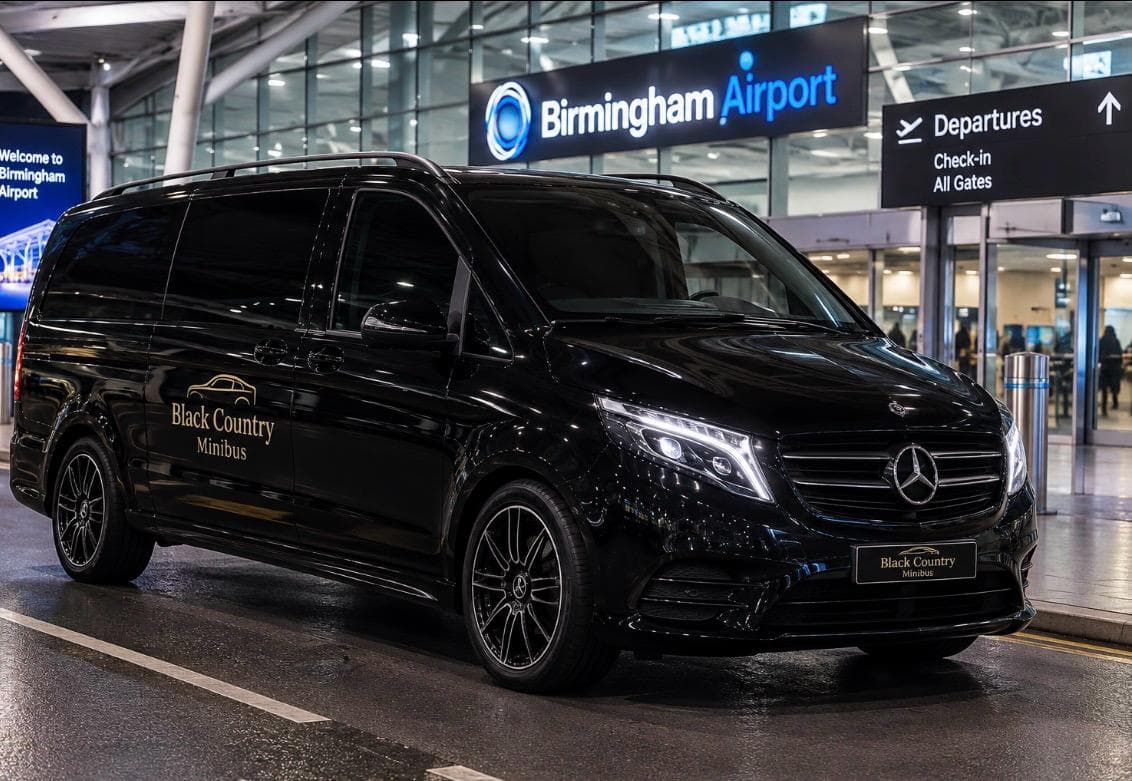 Black Mercedes minibus at Birmingham Airport