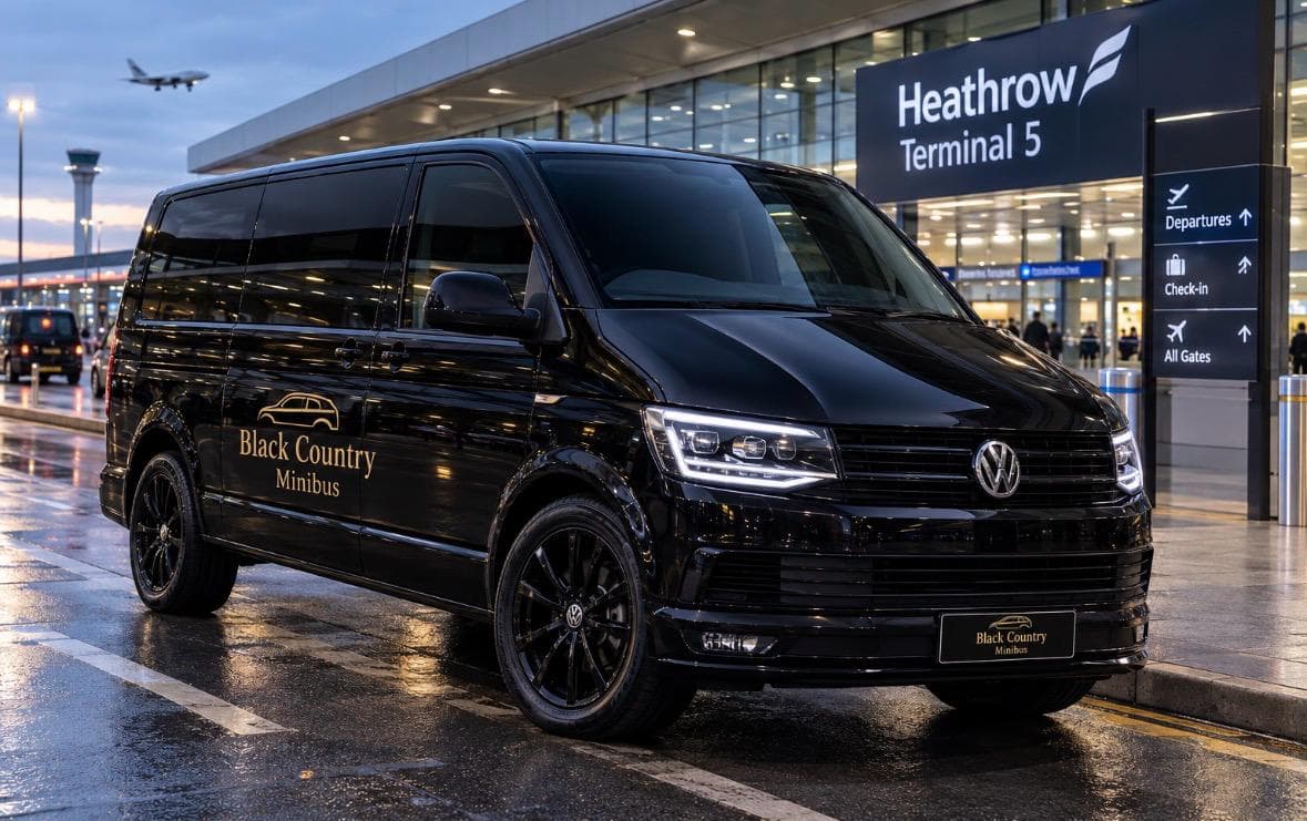 Black minibus at Heathrow Terminal 5
